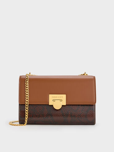 Snake Print Metallic Accent Clutch, Chocolate, hi-res