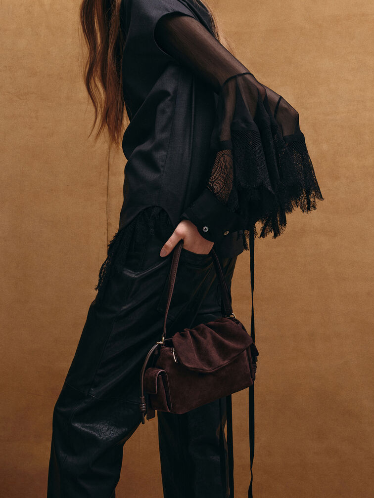 Khai Recycled Suede Ruched-Flap Side-Pocket Top Handle Bag, Espresso Brown, hi-res