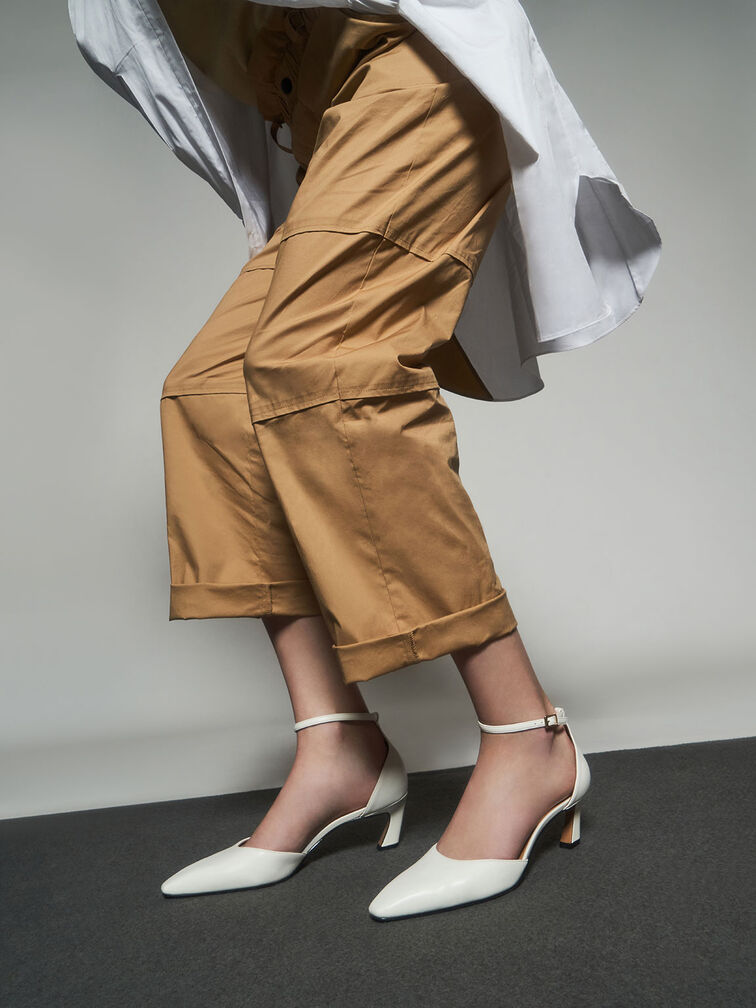 Slant Heel Ankle Strap Pumps, White, hi-res