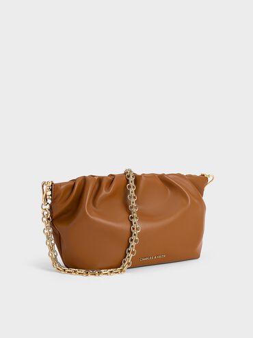 Brigette Ruched Chain-Handle Clutch, Brown, hi-res
