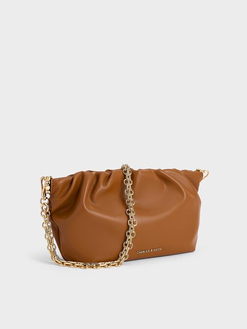 Brigette Ruched Chain-Handle Clutch, Brown, hi-res