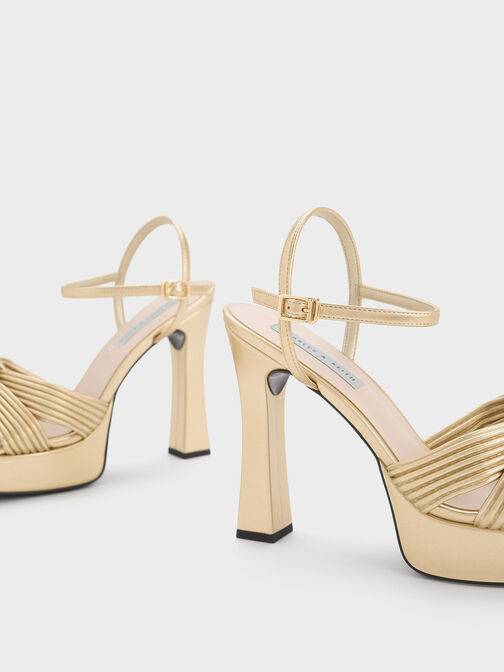 Pleated Knotted Platform Sandals, Gold, hi-res
