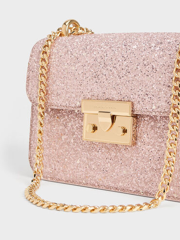 Glittered Push-Lock Chain-Handle Bag, Blush, hi-res
