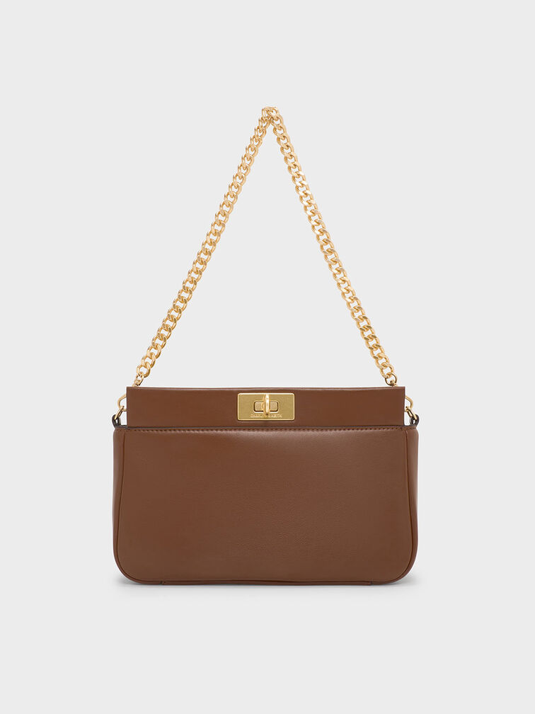 Lennie Chain-Handle Shoulder Bag, Dark Brown, hi-res