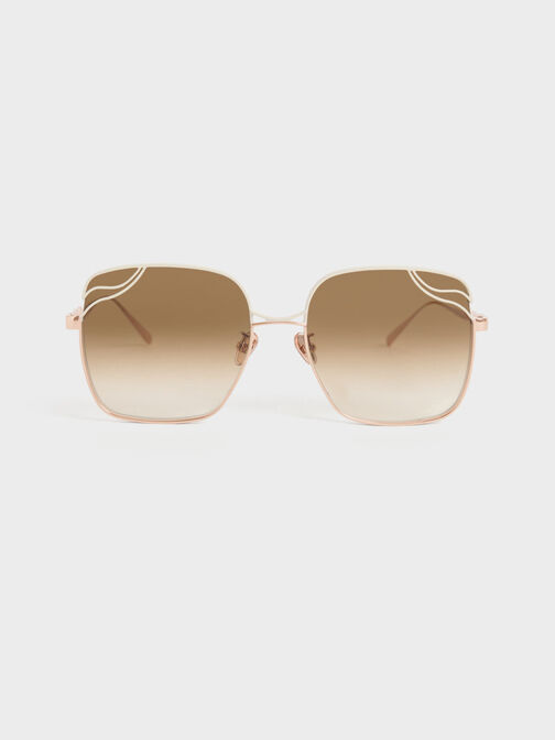 Wavy Wire-Frame Square Sunglasses, Cream, hi-res