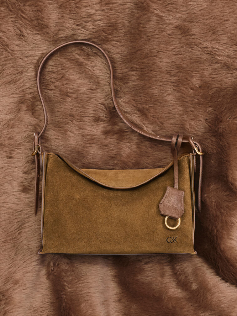 Leather & Suede Top-Flap Hobo Bag, Brown, hi-res