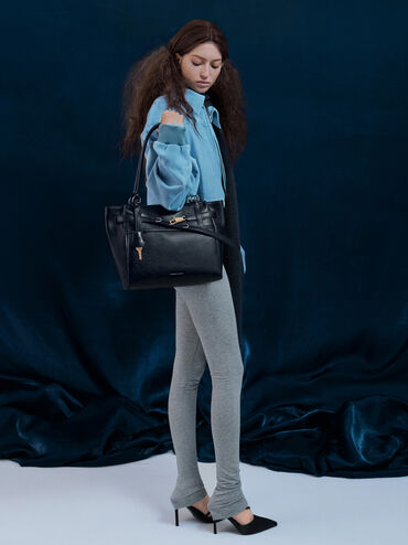 Delfina Belted Tote Bag, Noir, hi-res