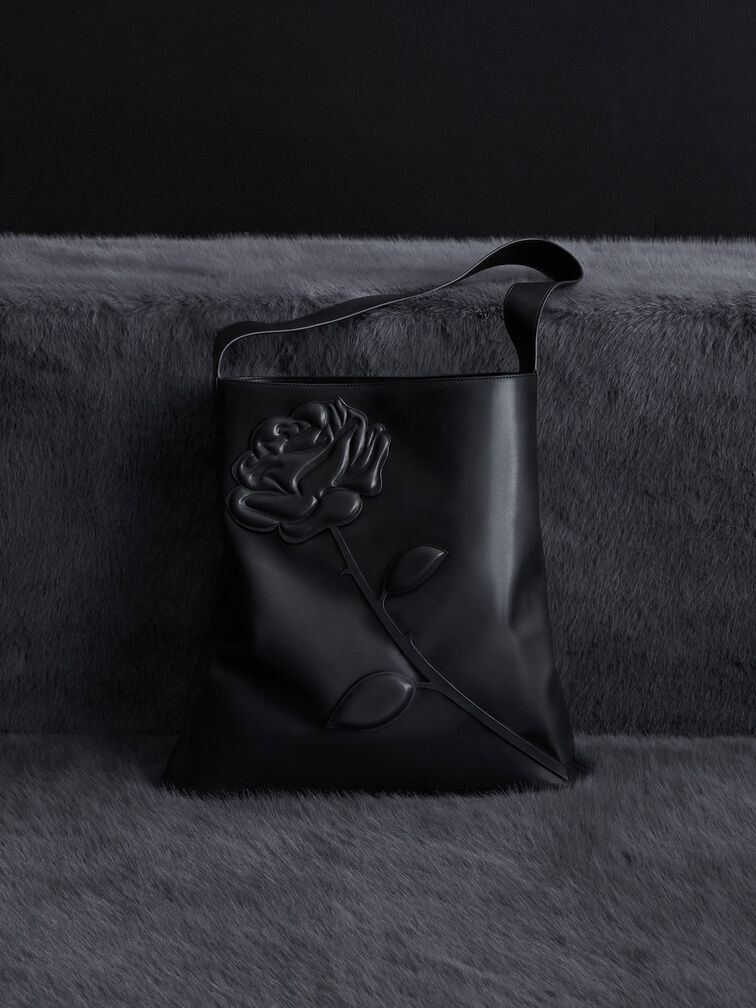 Rose-Motif Trapeze Shoulder Bag, Noir, hi-res