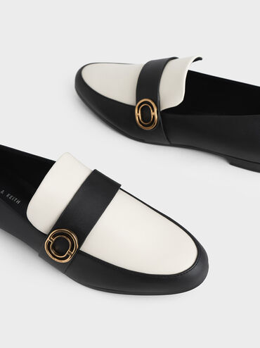 Metallic Accent Almond-Toe Penny Loafers, Black Textured, hi-res