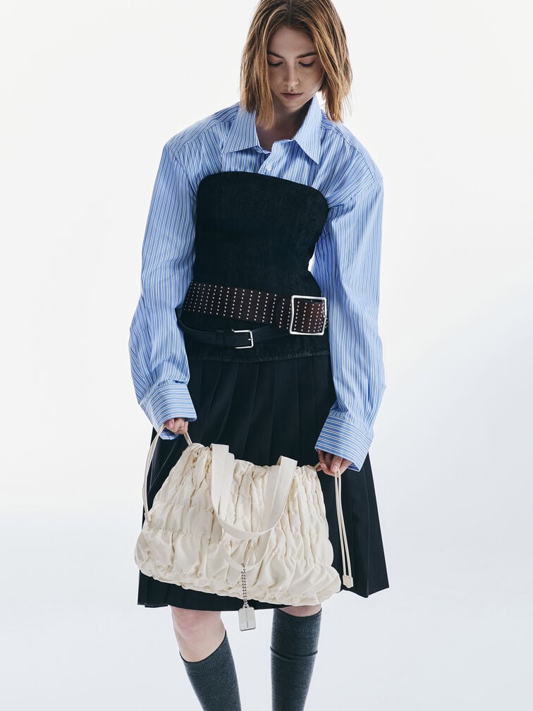 Klio Nylon Ruched Tote Bag, Cream, hi-res