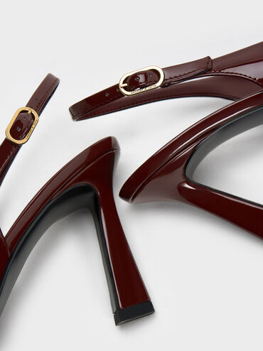 Patent Trapeze Heel Slingback Pumps, Burgundy, hi-res