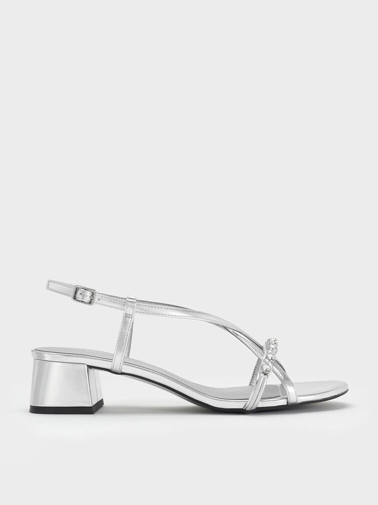 Metallic Gem Heeled Slingback Sandals, Silver, hi-res