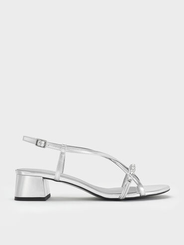 Metallic Gem Heeled Slingback Sandals, Silver, hi-res