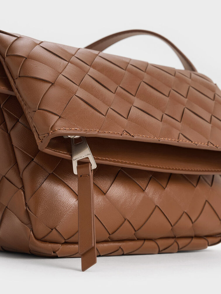 Ivette Woven Front Flap Crossbody Bag, Chocolate, hi-res