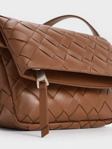 Ivette Woven Front Flap Crossbody Bag, Chocolate, hi-res
