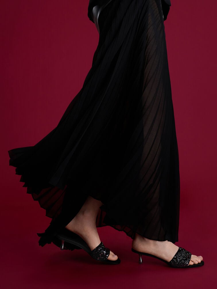 Ruthie Sequinned Heeled Mules, Black Textured, hi-res