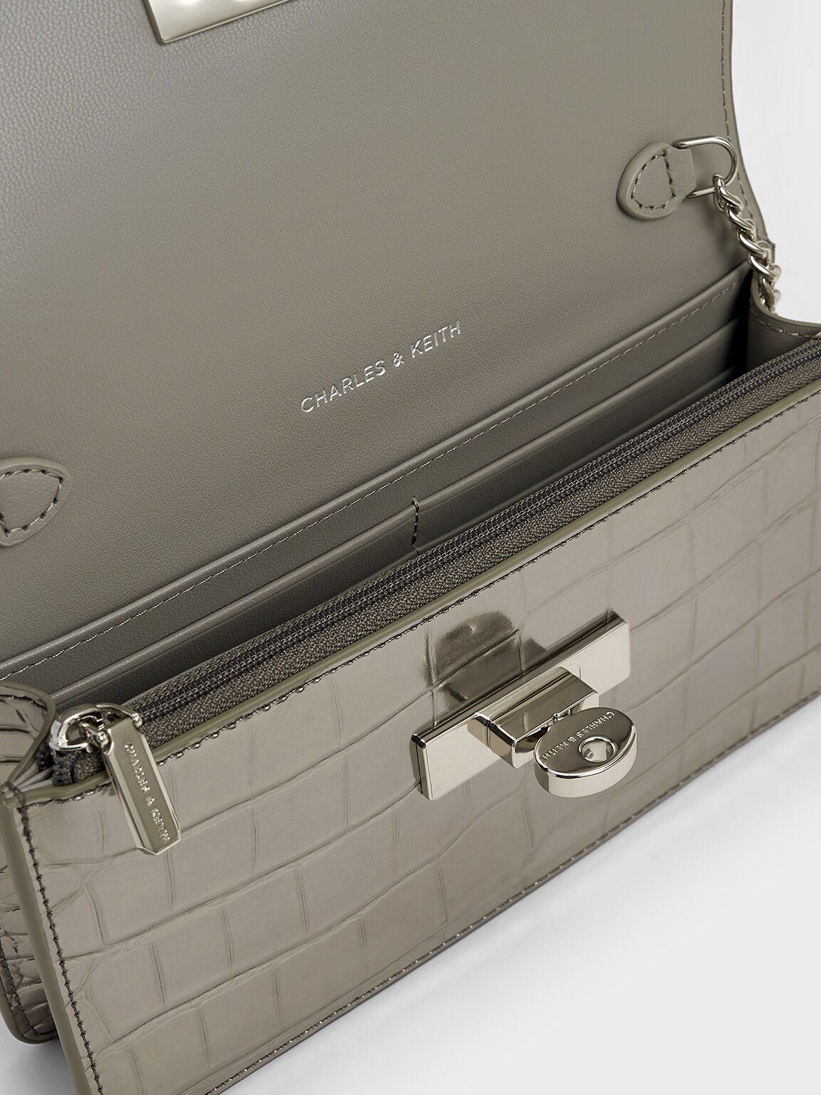 Pewter Samantha Metallic Croc-Effect Chain-Embellished Crossbody Bag -  CHARLES & KEITH IN
