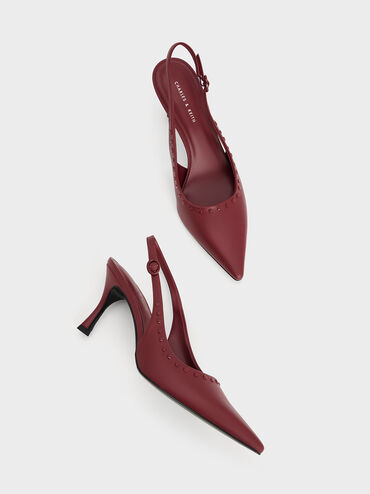 Studded Pointed-Toe Slingback Pumps, Burgundy, hi-res