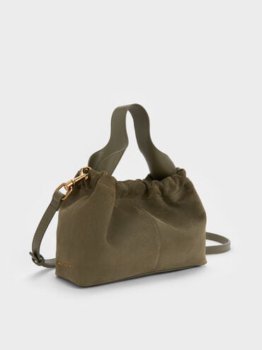 Ally Recycled Suede Ruched Slouchy Chain-Handle Bag, Deep Olive, hi-res
