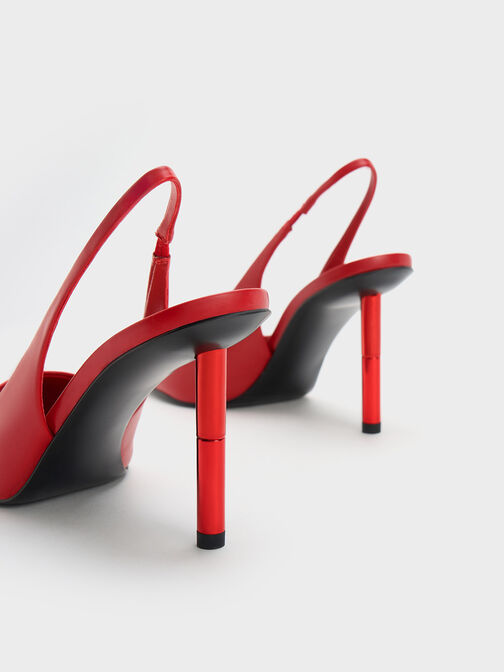 Cylindrical Metallic Heel Slingback Pumps, Red, hi-res