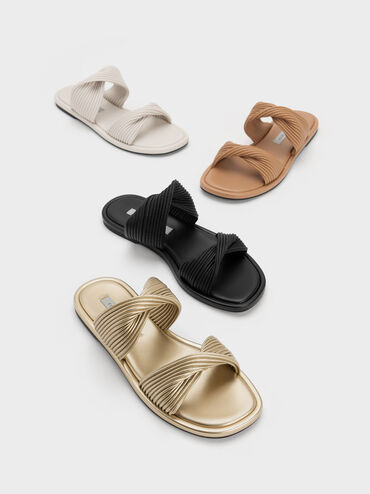 Pleated Twist Strap Slides, Gold, hi-res