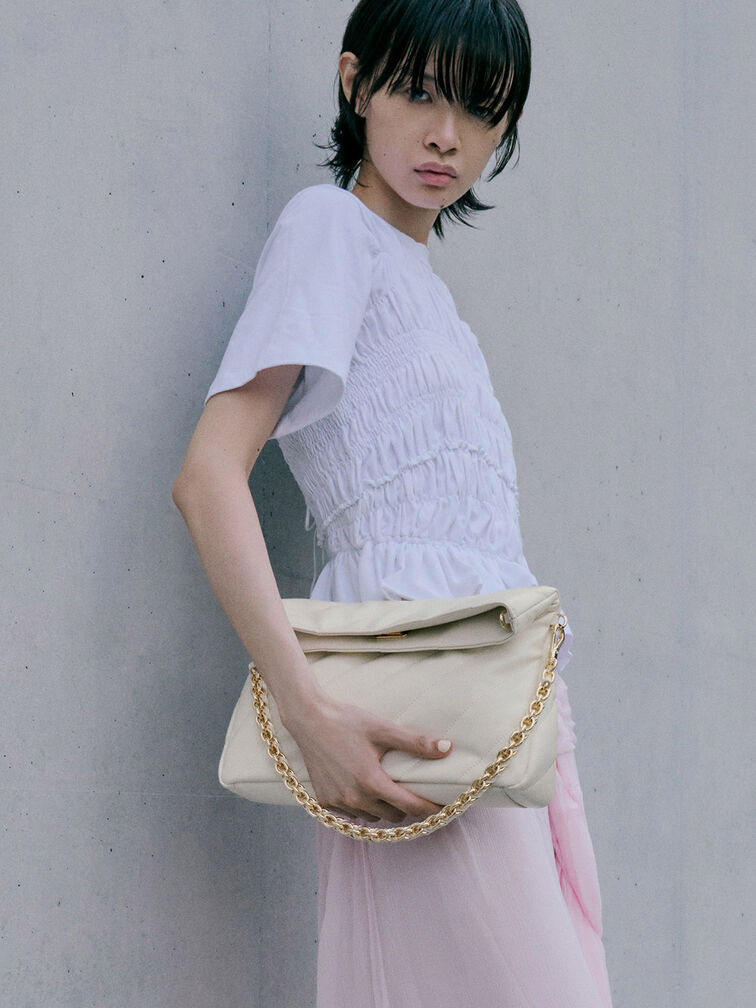Fawn Panelled Chain-Handle Shoulder Bag, Cream, hi-res
