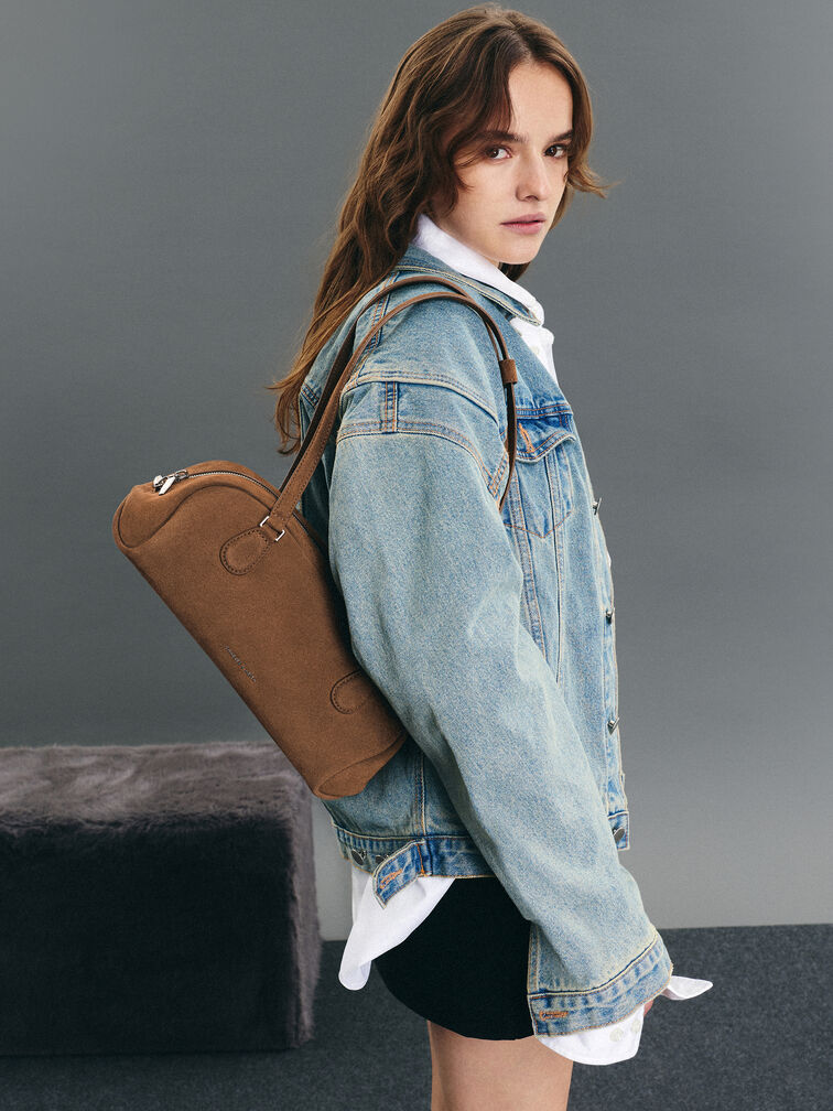 Nelly Recycled Suede Elongated Shoulder Bag, Mocha Brown, hi-res