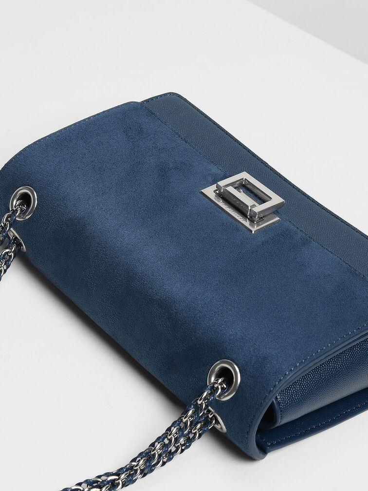 Textured Chain Link Shoulder Bag, Blue, hi-res