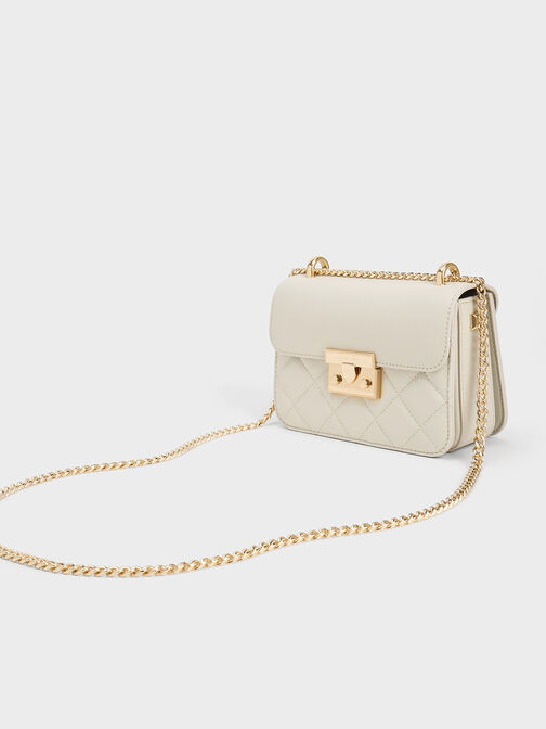 Quilted Push-Lock Chain-Handle Bag, Ivory, hi-res