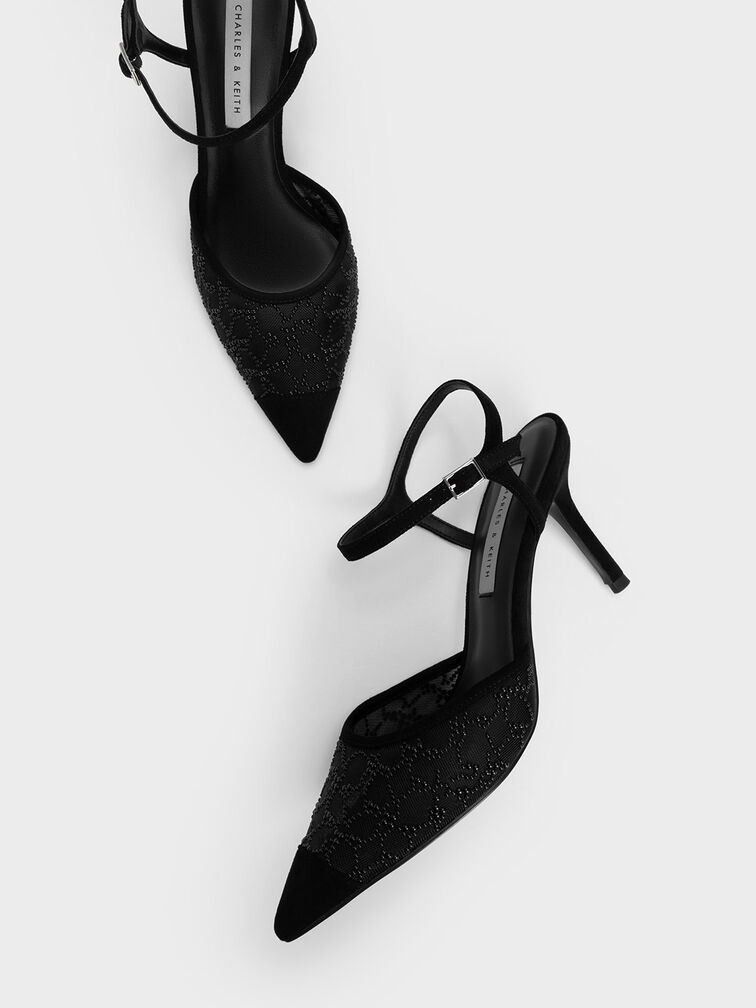 Beaded Mesh Ankle Strap Pumps, Black, hi-res