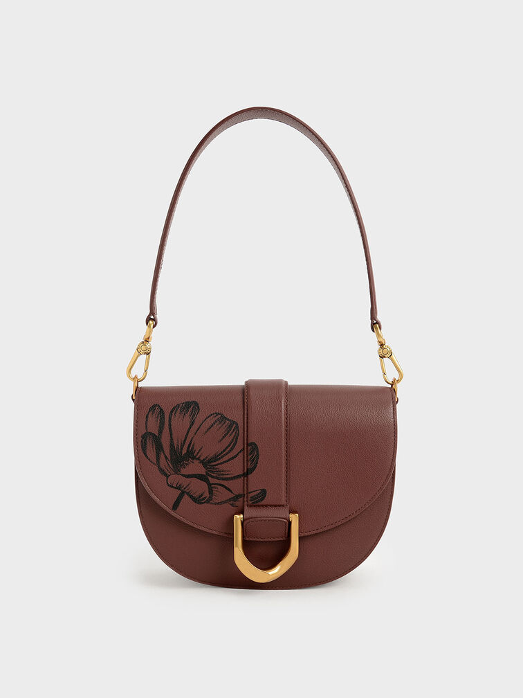 Hand-Painted Floral Gabine Leather Saddle Bag, Brown, hi-res