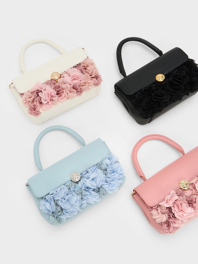 Floral Mesh Top Handle Bag, Light Blue, hi-res