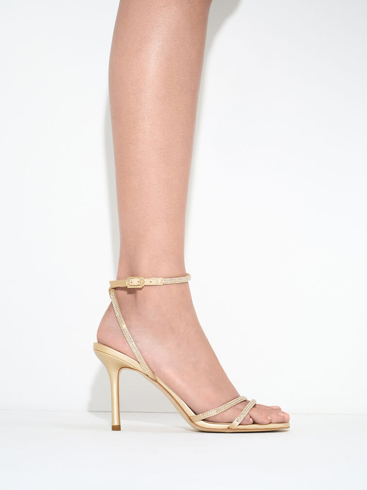 Satin Crystal-Embellished Stiletto-Heel Sandals, Gold, hi-res