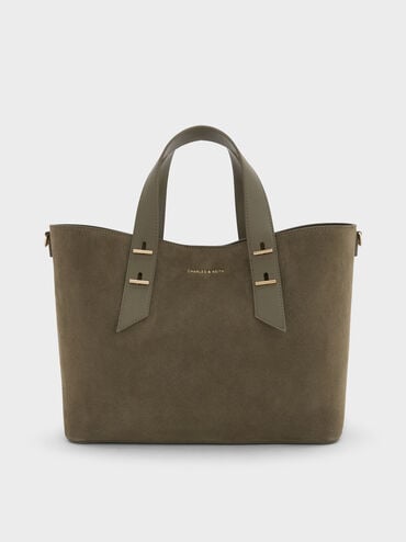 Shania Recycled Suede Tote Bag, Deep Olive, hi-res