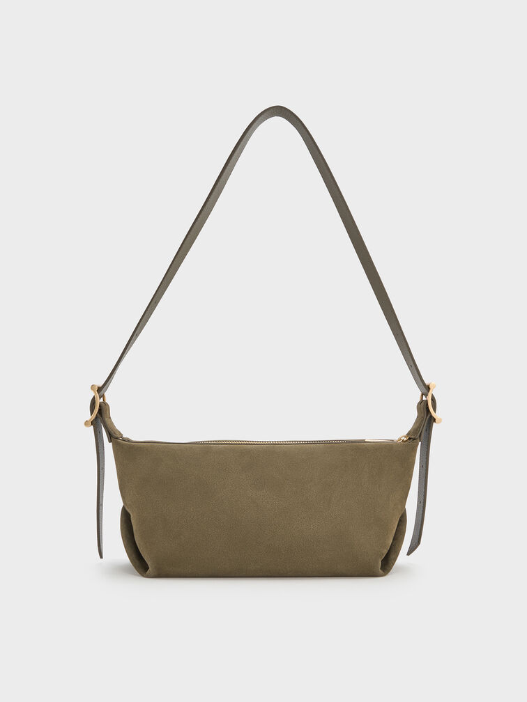 Larsen Recycled Suede Buckle-Strap Slouchy Shoulder Bag, Deep Olive, hi-res