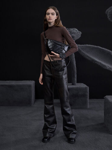 Philomena Rose-Motif Half-Moon Crossbody Bag, Noir, hi-res