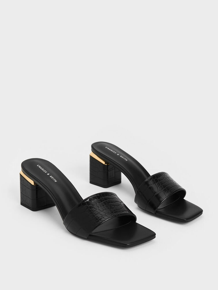 Croc-Effect Square Block Heel Mules, Animal Print Black, hi-res