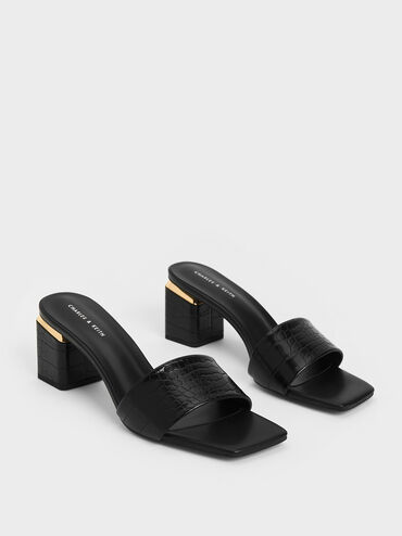 Croc-Effect Square Block Heel Mules, Animal Print Black, hi-res