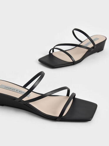 Strappy Wedge Mules, Black, hi-res