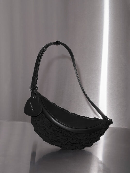 Ruched Nylon Bum Bag, Black, hi-res