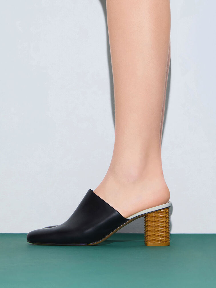 Rattan Block Heel Mules, Black, hi-res