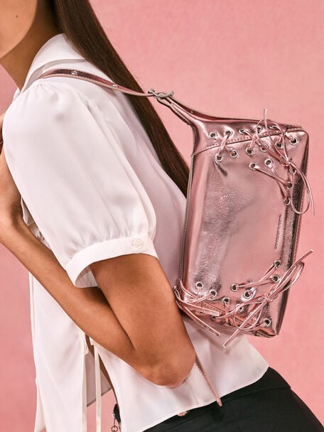 Xylia Metallic Grommet Lace-Up Shoulder Bag, Aura Pink, hi-res