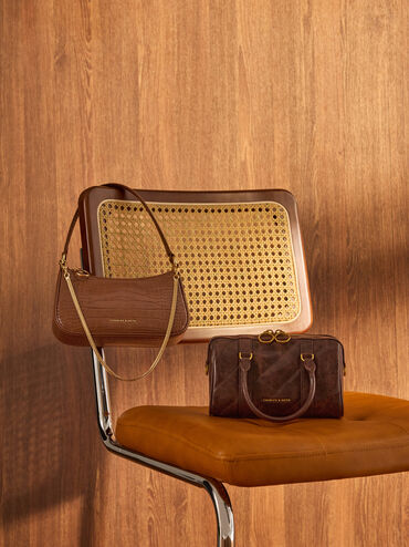 Elspeth Croc-Effect Chain-Link Shoulder Bag, Chocolate Croco, hi-res