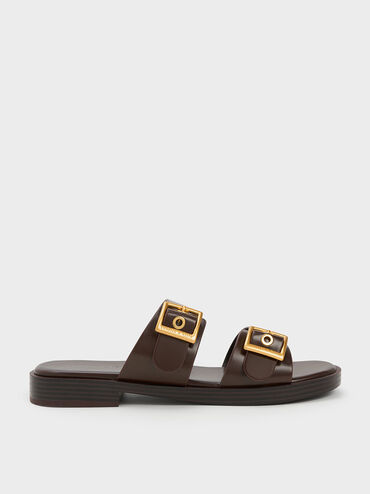 Buckled Double Strap Slide Sandals, Dark Brown, hi-res
