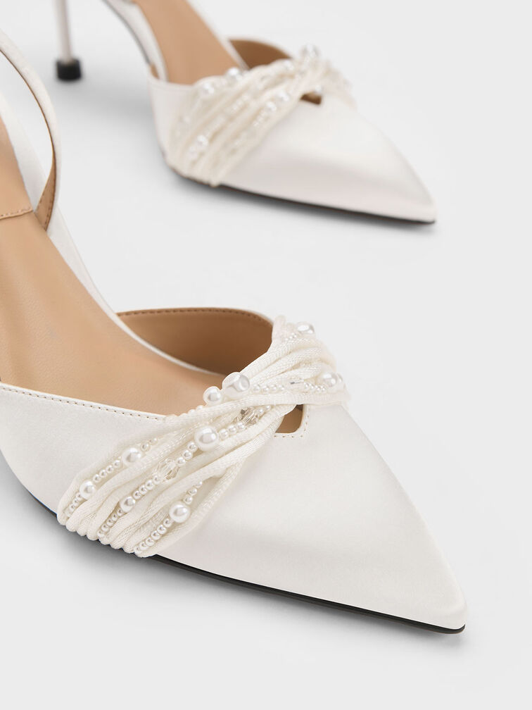 Leda Beaded Satin Ankle-Strap Pumps, White, hi-res