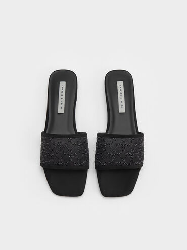 Bead-Embellished Mesh Flat Sandals, Black, hi-res