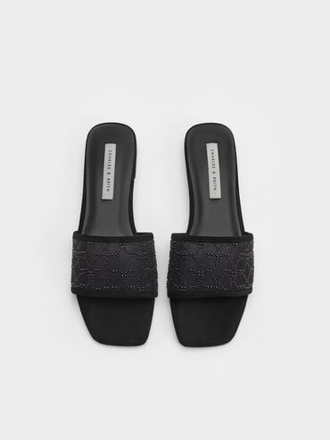 Bead-Embellished Mesh Flat Sandals, Black, hi-res