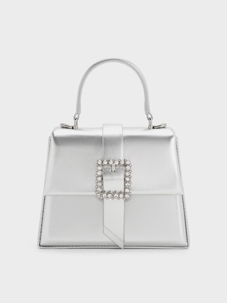 Metallic Crystal-Buckle Belted Top Handle Bag, Silver, hi-res