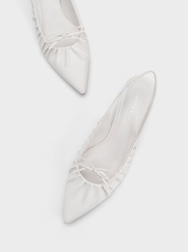 Bow Ruched Slingback Flats, White, hi-res