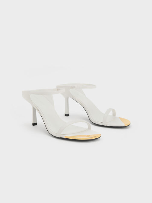 Metallic Cap Stiletto Heel Mules, White, hi-res